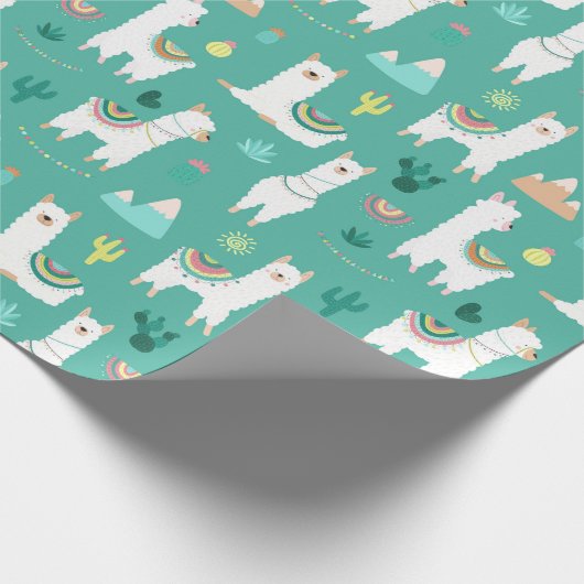 Llama en Cactus Patterned in Green Cadeaupapier (Hoek)