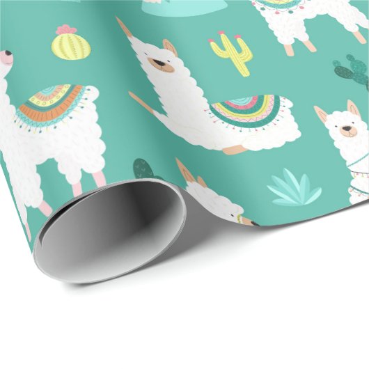 Llama en Cactus Patterned in Green Cadeaupapier (Rol Hoek)