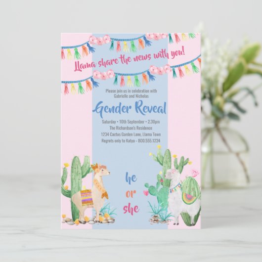 Llama en Cactus roze en blauw Geslacht onthullen Kaart (Staand voorkant)