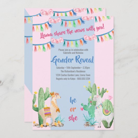Llama en Cactus roze en blauw Geslacht onthullen Kaart (Voorkant / Achterkant)