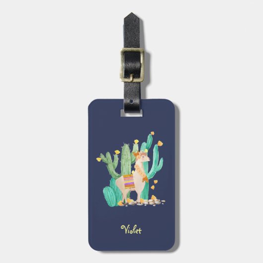 Llama en Cactus Waterverf Blue op persoonlijke tit Bagagelabel (Voorkant verticaal)