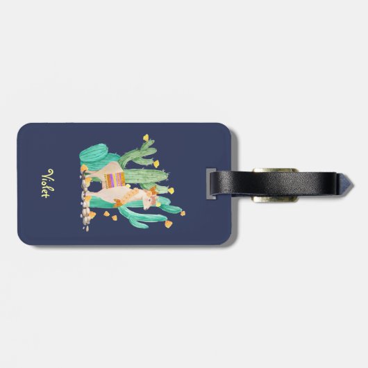 Llama en Cactus Waterverf Blue op persoonlijke tit Bagagelabel (Achterkant horizontaal)
