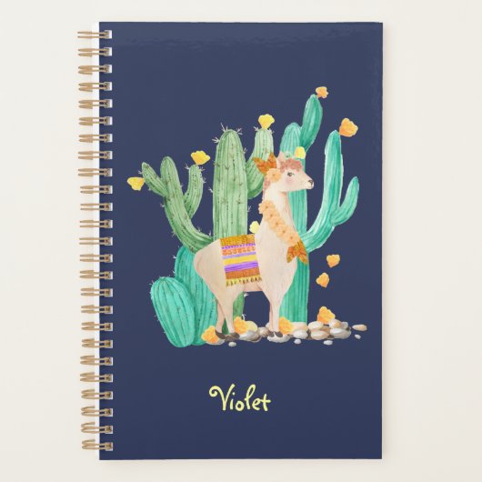 Llama en Cactus Waterverf Blue op persoonlijke tit Planner (Voorkant)