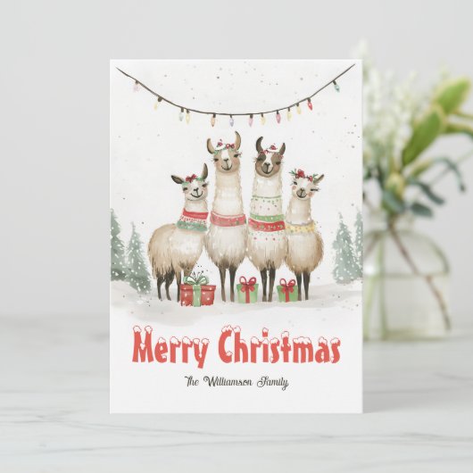 Llama Familie van 4 Kerst Vakantie Kaart (Staand voorkant)