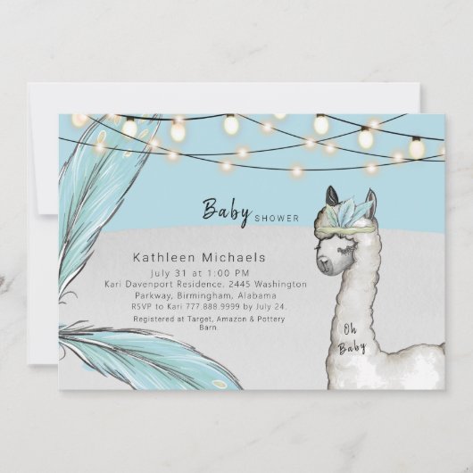 Llama Feather Turquoise Oh Baby Boy Shower Kaart (Voorkant)