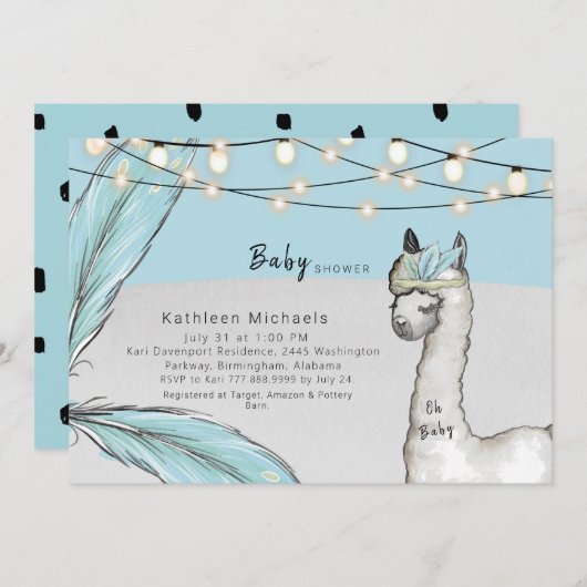 Llama Feather Turquoise Oh Baby Boy Shower Kaart (Voorkant / Achterkant)