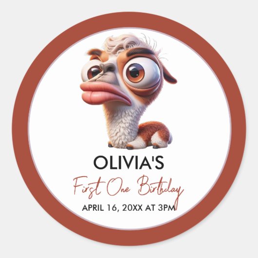 Llama Fiesta Grappige Karikatuur 1e Verjaardag Ronde Sticker (Voorkant)