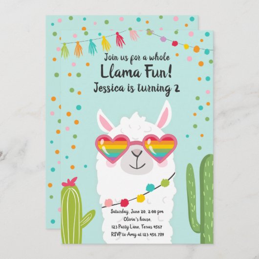 Llama Fiesta Hart Zonnebril Verjaardag Uitnodiging (Voorkant / Achterkant)