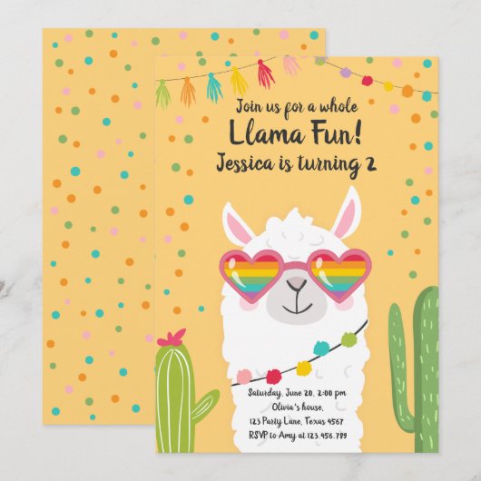 Llama Fiesta Hart Zonnebril Verjaardag Uitnodiging (Voorkant / Achterkant)