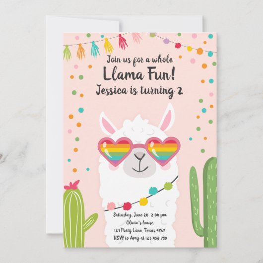 Llama Fiesta Hart Zonnebril Verjaardag Uitnodiging (Voorkant)