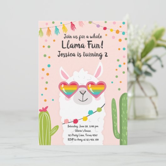Llama Fiesta Hart Zonnebril Verjaardag Uitnodiging (Staand voorkant)