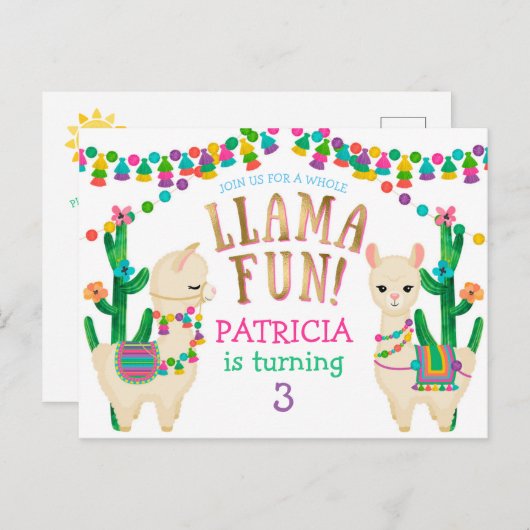 Llama, Fiesta verjaardagsuitnodiging briefkaart (Voorkant / Achterkant)