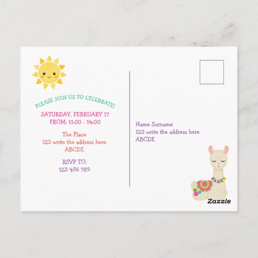 Llama, Fiesta verjaardagsuitnodiging briefkaart (Achterkant)