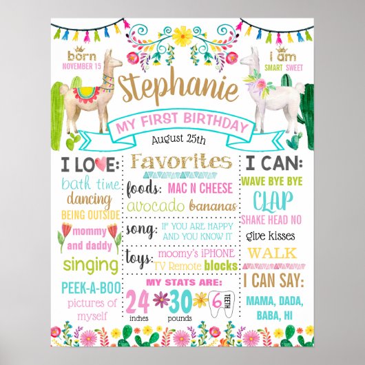 Llama First Birthday Party sign poster (Voorkant)