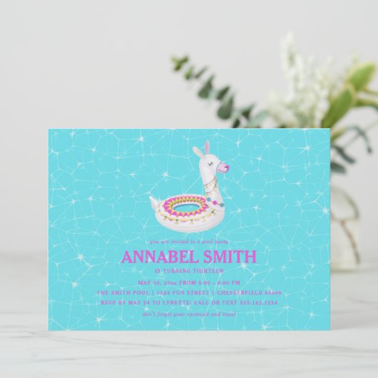 Llama Float Birthday Pool Party Kaart (Staand voorkant)