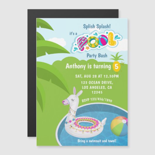 Llama Floatie Pool Birthday Party Magnetische Uitnodiging (Voorkant / Achterkant)