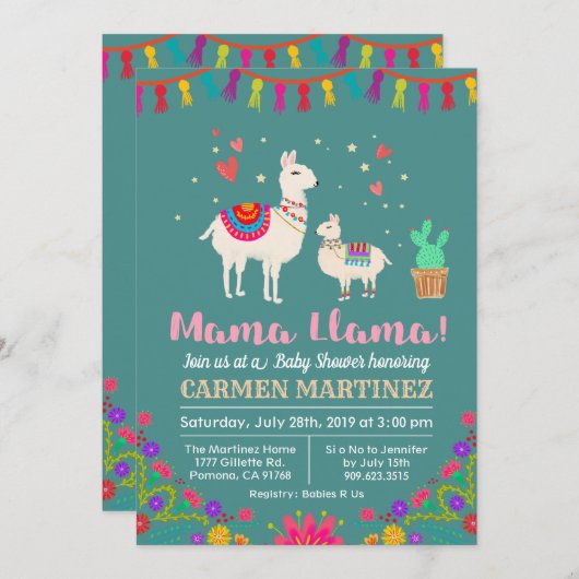 Llama Floral Baby shower Invitation Kaart (Voorkant / Achterkant)