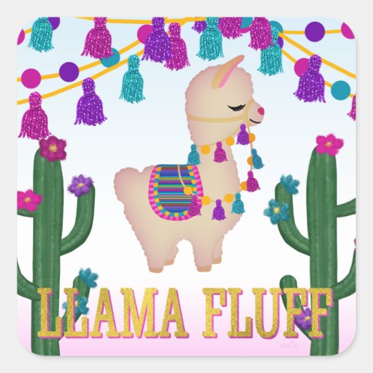 LLAMA FLUFF Square Treat Bag Toppers Vierkante Sticker (Voorkant)