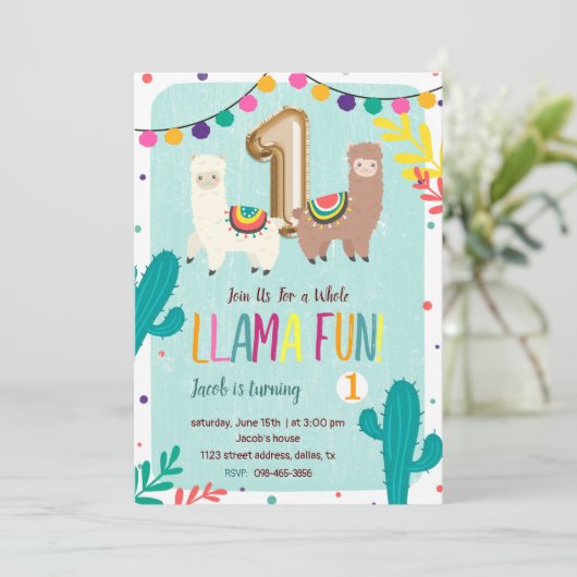 Llama Fun 1e verjaardagsuitnodiging Kaart (Staand voorkant)