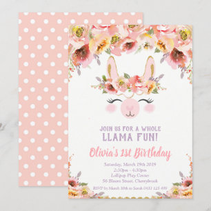 Llama Fun 1st Birthday Invitations Girls Floral Kaart
