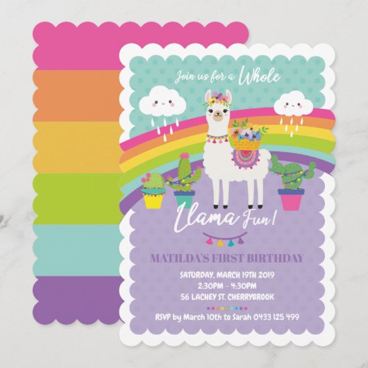 Llama Fun 1st Birthday Party Invitations Alpaca Kaart (Voorkant / Achterkant)