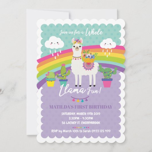 Llama Fun 1st Birthday Party Invitations Alpaca Kaart (Voorkant)