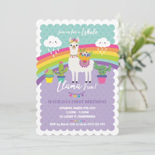 Llama Fun 1st Birthday Party Invitations Alpaca Kaart (Staand voorkant)