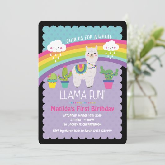 Llama Fun 1st Birthday Party Kaart (Staand voorkant)