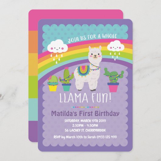 Llama Fun 1st Verjaardag Party Uitnodigingen Alpac (Voorkant / Achterkant)