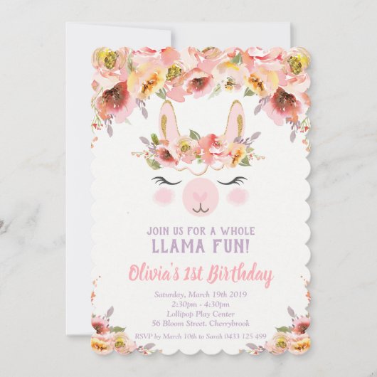 Llama Fun 1st Verjaardag Uitnodigingen Meisjes Blo (Voorkant)