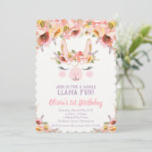 Llama Fun 1st Verjaardag Uitnodigingen Meisjes Blo (Staand voorkant)