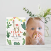 Llama Fun Alpaca Cactus 1e Verjaardag Foto Kaart (Staand voorkant)