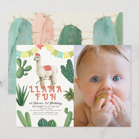 Llama Fun Alpaca Cactus 1e Verjaardag Foto Kaart (Voorkant / Achterkant)