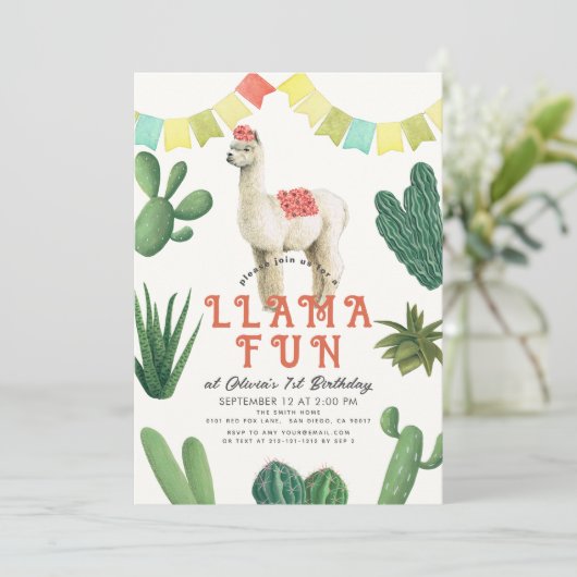 Llama Fun Alpaca Cactus 1e Verjaardag Kaart (Staand voorkant)