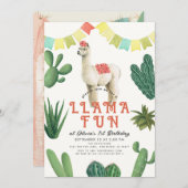 Llama Fun Alpaca Cactus 1e Verjaardag Kaart (Voorkant / Achterkant)