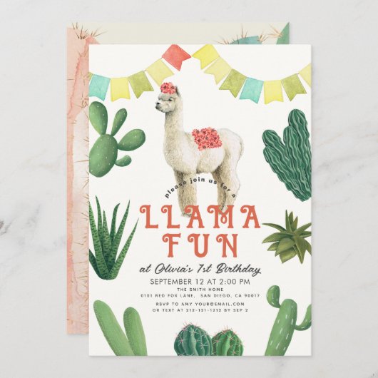 Llama Fun Alpaca Cactus 1e Verjaardag Kaart (Voorkant / Achterkant)