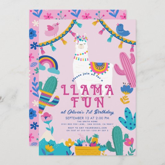 Llama Fun Alpaca Meisje Roze 1e Verjaardag Kaart (Voorkant / Achterkant)