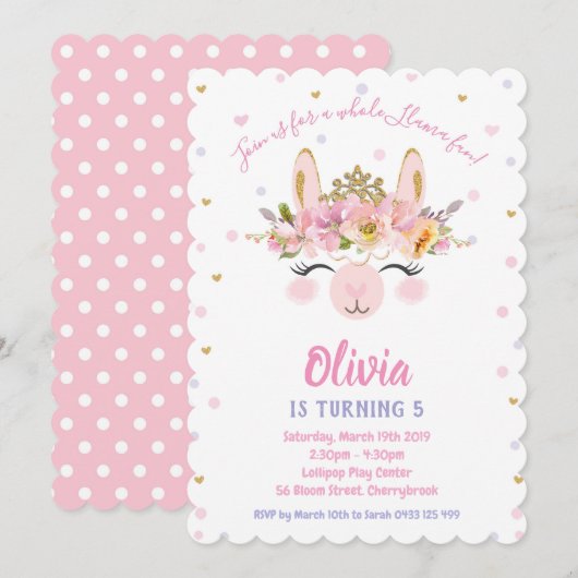 Llama Fun Birthday Invitations Girls Alpaca Kaart (Voorkant / Achterkant)