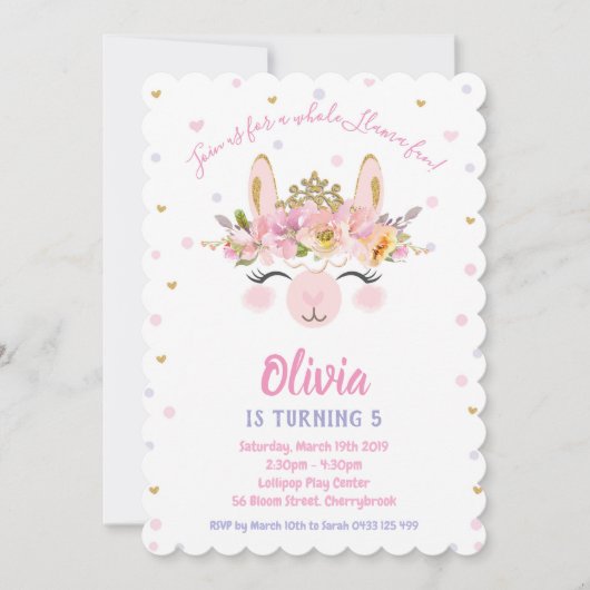 Llama Fun Birthday Invitations Girls Alpaca Kaart (Voorkant)