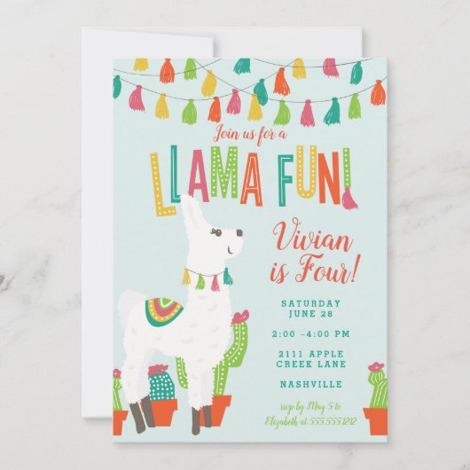 Llama Fun Birthday Party Invitation Alpaca Blue Kaart (Voorkant)