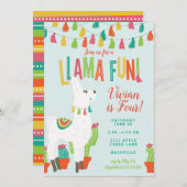 Llama Fun Birthday Party Invitation Alpaca Blue Kaart (Voorkant / Achterkant)