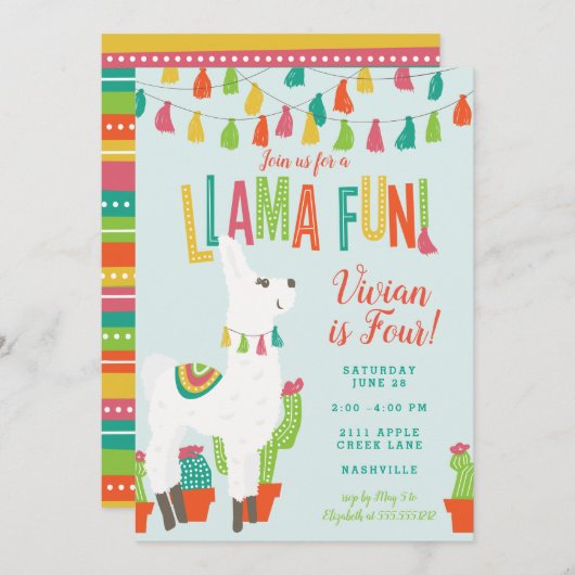 Llama Fun Birthday Party Invitation Alpaca Blue Kaart (Voorkant / Achterkant)