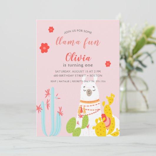 Llama Fun Birthday Pink Kaart (Staand voorkant)