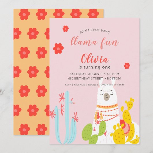 Llama Fun Birthday Pink Kaart (Voorkant / Achterkant)