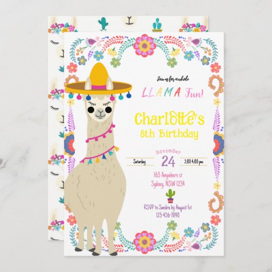 Llama fun fiesta Verjaardagsuitnodiging Kaart (Voorkant / Achterkant)