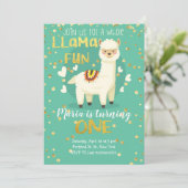 Llama Fun Gold en Green Birthday Invitation Kaart (Staand voorkant)