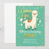 Llama Fun Gold en Green Birthday Invitation Kaart (Voorkant / Achterkant)