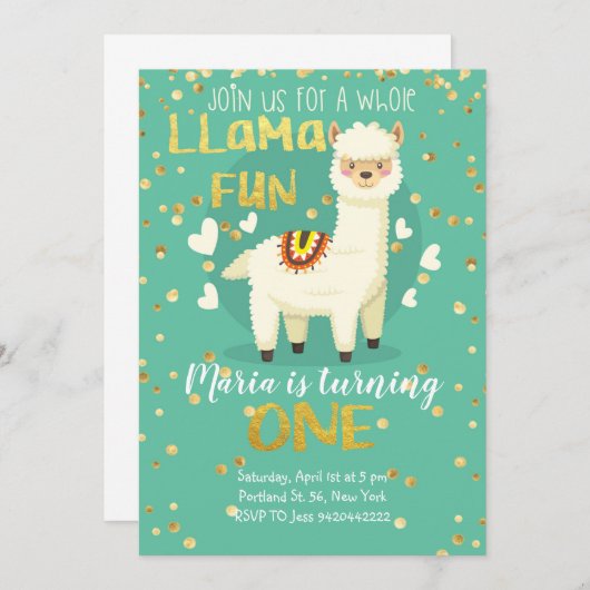 Llama Fun Gold en Green Birthday Invitation Kaart (Voorkant / Achterkant)