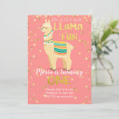 Llama Fun Gold en Pink Birthday Uitnodiging (Staand voorkant)