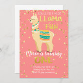 Llama Fun Gold en Pink Birthday Uitnodiging (Voorkant / Achterkant)